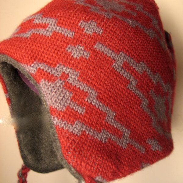 L Cherry Red and Grey Lined Warm Knit Hat with Earflaps, Charcoal Fleece Lining and Pompom