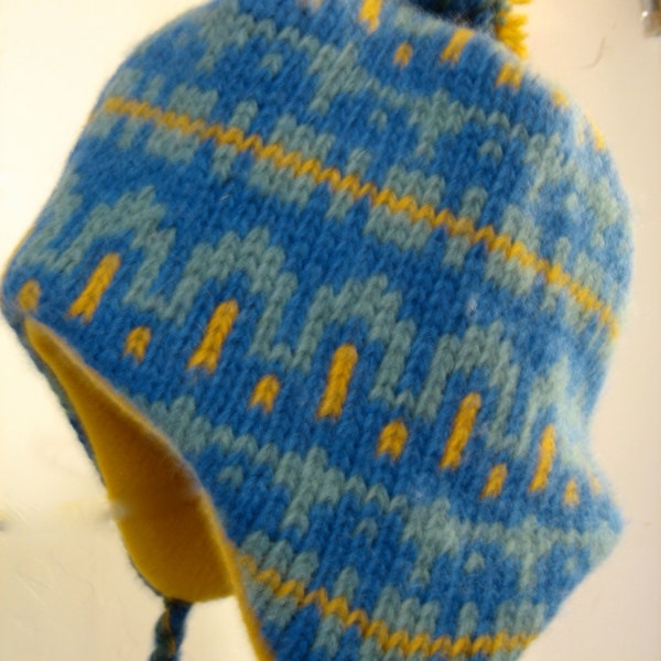 L Sky Blue and Yellow Wool Earflap Hat with Yellow Fleece Lining