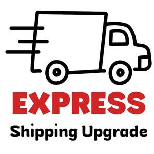 May include: A black line drawing of a delivery truck with three horizontal motion lines on the left side. Below the truck, the word EXPRESS is printed in bold red capital letters, followed by the text Shipping Upgrade in black font.