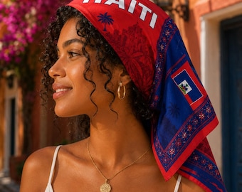 Szalik piłkarski Haiti, spersonalizowana bandana Haiti, piękny, miękki szalik z motywem flagi Haiti, idealny na nakrycie głowy, festiwal piłki nożnej na Haiti, wakacje