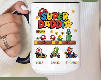 Personalized Super Mario Dad Mug, Super Daddio Mug, Custom Kids Name Father's Day Mug, Gamer Daddy Cup
