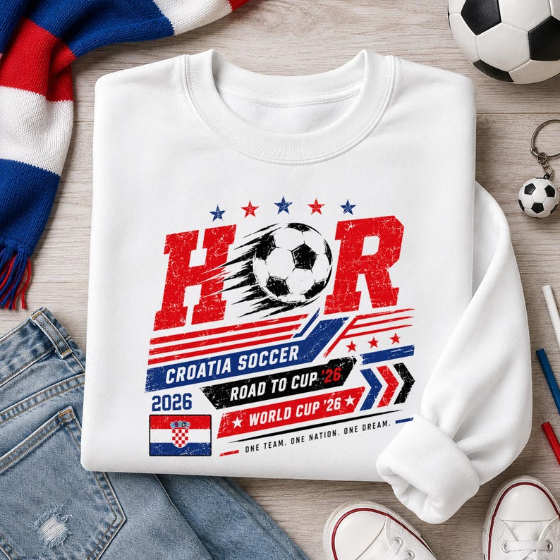 Może przedstawiać: Biała bluza z okrągłym dekoltem z nadrukiem graficznym zawierającym napis HOR, piłkę nożną oraz Croatia Soccer Road to Cup 26 World Cup 26. Wz&oacute;r zawiera czerwone, białe i niebieskie kolory, gwiazdy, paski oraz emblemat flagi chorwackiej.