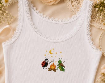 Campfire Bug Tank Top, Embroidered Ladybug & Grasshopper Cami, Cute Cottagecore Ribbed Tank, Summer Nature Lace Tank, Gift for Her