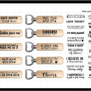 Könnte beinhalten: Eine Sammlung von Holzflaschenöffnern mit Edelstahlköpfen. Jeder Öffner hat einen anderen humorvollen Spruch, wie "Save Water drink beer" und "Bottles fear me". Die Öffner sind zum Öffnen von Bierflaschen gedacht.