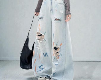Y2K Distressed Wide-Leg Graffiti Jeans
