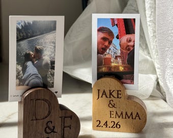 Portafotos de madera con forma de corazón personalizado, de cerezo o nogal, regalo de aniversario personalizado