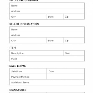 May include: A white "BILL OF SALE" form with sections for buyer and seller information, item details, sale terms, and signatures. Includes fields for name, address, description, and date.