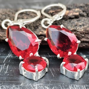 Red Teardrop Round Sterling Silver Dangle Earrings, Faceted Gemstone Statement Jewelry