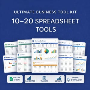 Può includere: Un kit di strumenti aziendali digitali con 10-20 strumenti per fogli di calcolo. L'immagine mostra vari modelli di fogli di calcolo, tra cui una dashboard aziendale, un tracker delle spese e un tracker delle vendite. Il kit include Google Sheets, dashboard, tracker, report e download immediato.