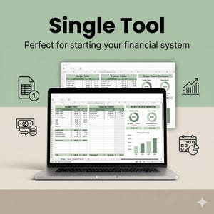 Peut inclure: Un ordinateur portable affiche une feuille de calcul financière avec le texte « Single Tool » et « Perfect for starting your financial system ». L'écran montre un tableau de budget, un suivi des dépenses et un tableau de bord financier. Des icônes de document, d'argent, d'un graphique et d'un calendrier sont également présentes.