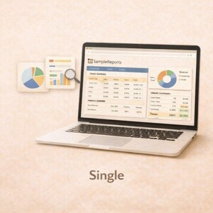 Może przedstawiać: Srebrny laptop wyświetlający raport biznesowy z wykresami. Ekran pokazuje tabele danych i wykres kołowy. Widoczny jest tekst "SampleReports". Słowo "Single" jest napisane poniżej.