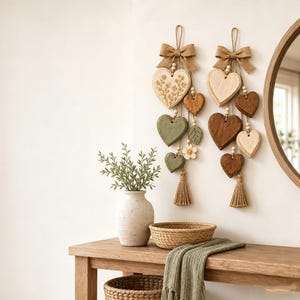 Rustic Solid Wood Heart Wall Hanging, Carved Wooden Heart Garland with Tassel, Farmhouse Layered Heart Door Hanger, Boho Country Wall Decor