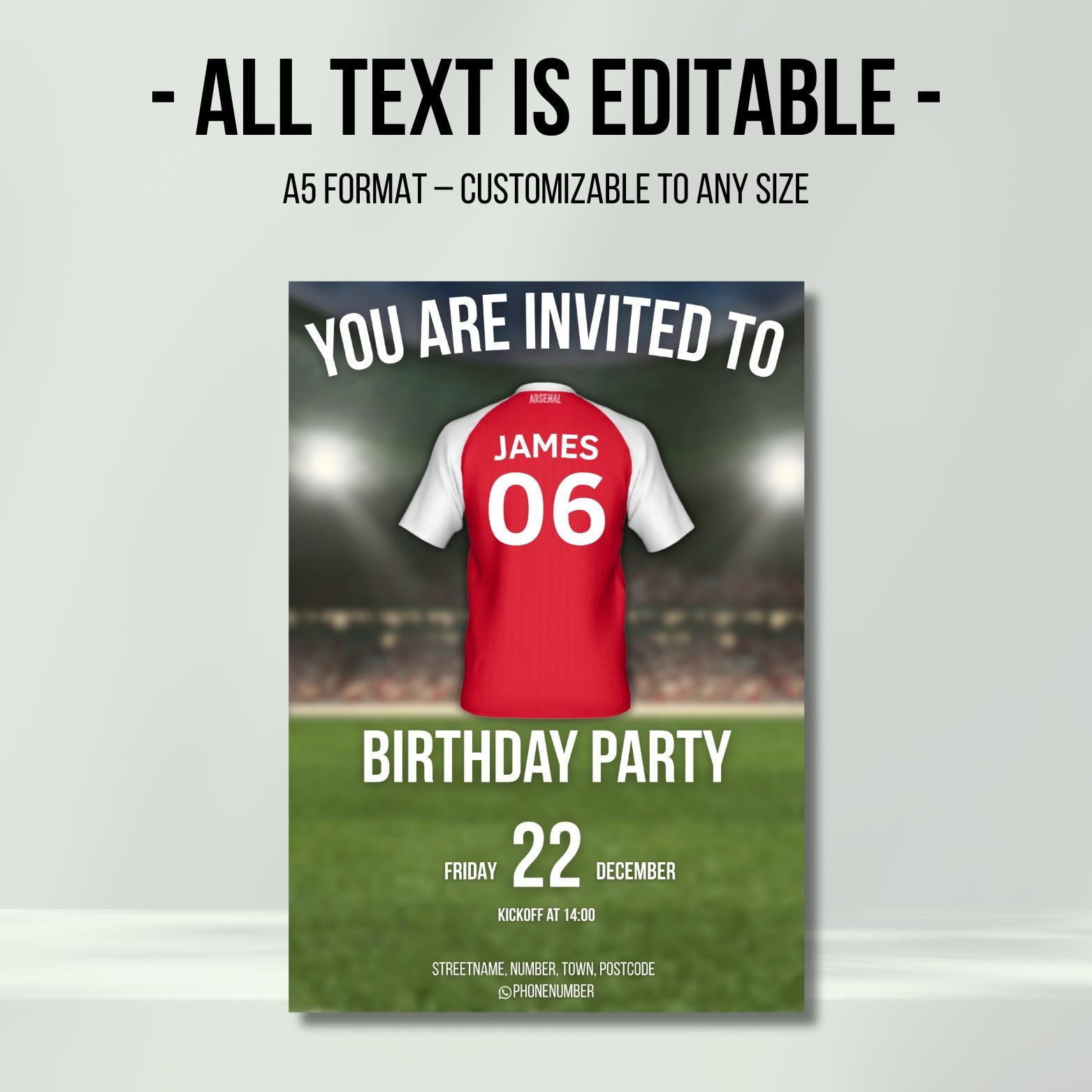Editable Football Birthday Invitation - Arsenal-inspired (digital ...