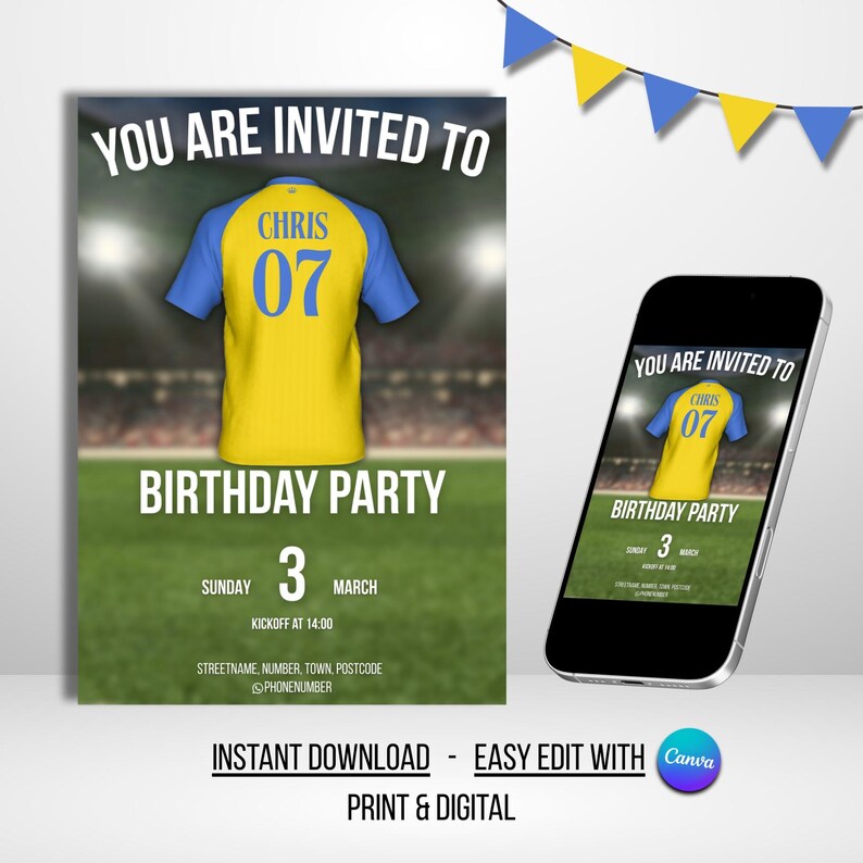Al Nassr / Christiano Ronaldo-inspired editable birthday party invitation available for download and edit via Canva