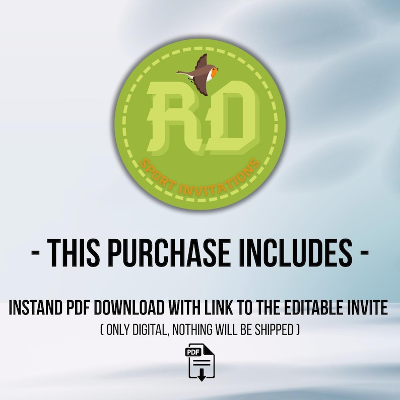 Op de afbeelding: Digitale uitnodigingsafbeelding met een groen cirkelvormig logo met een vogel en de letters "RD". De tekst "SPORT INVITATIONS" staat rond het logo. De tekst "- THIS PURCHASE INCLUDES -" en downloadinformatie zijn ook opgenomen.