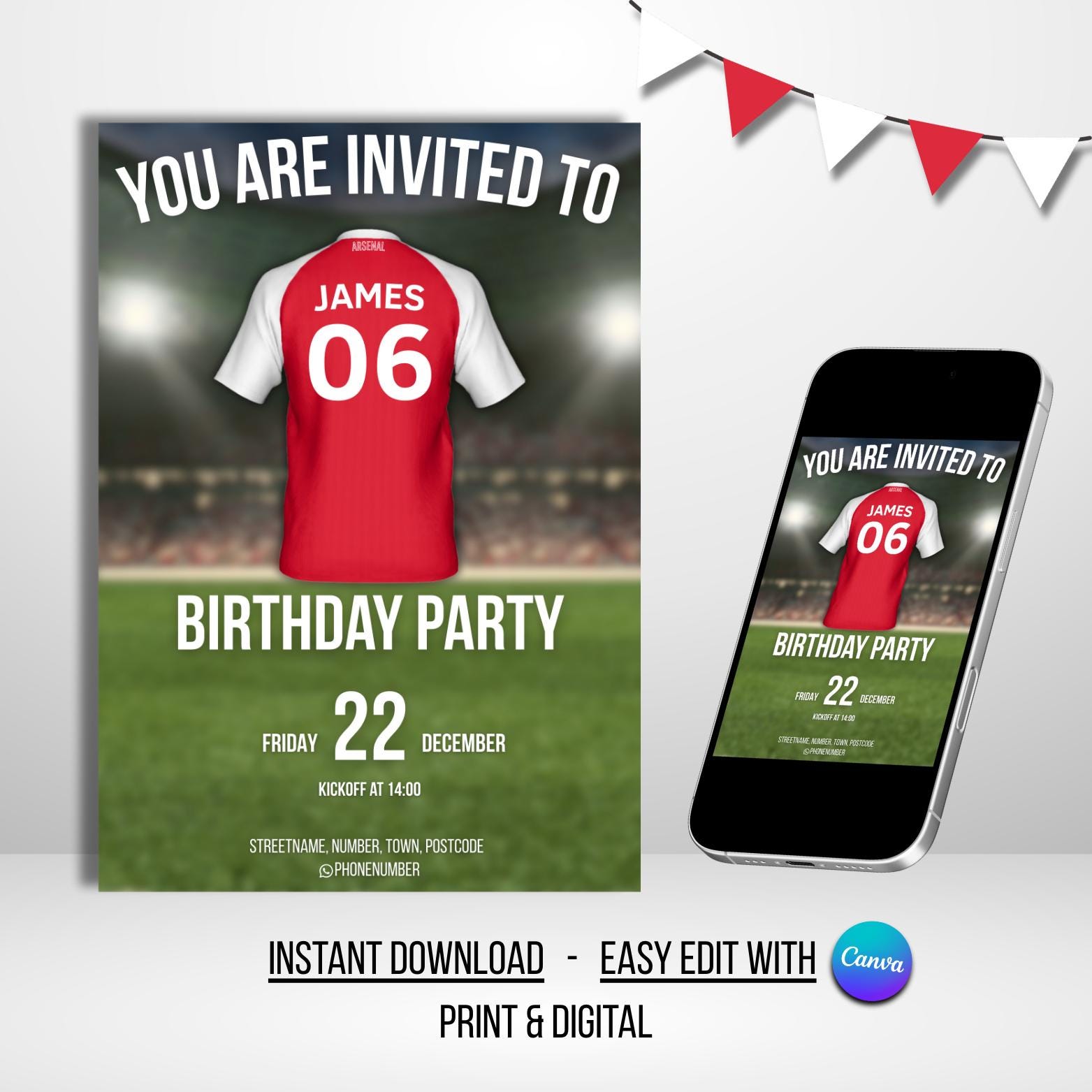 Editable Football Birthday Invitation - Arsenal-inspired (digital ...