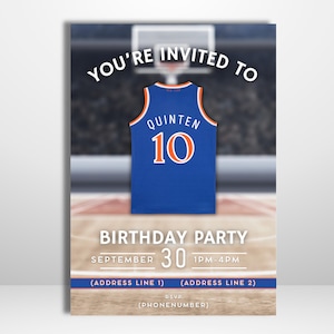 May include: A birthday party invitation featuring a blue basketball jersey with the name "QUINTEN" and the number "10" in orange. The invitation includes the text "YOU'RE INVITED TO" and "BIRTHDAY PARTY" with the date, time, and RSVP information.
