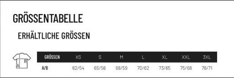 May include: A white graphic with the text "GR&Ouml;SSENTABELLE ERH&Auml;LTLICHE GR&Ouml;SSEN" and a size chart for clothing. The chart includes sizes XS, S, M, L, XL, XXL, and 3XL, with corresponding measurements in centimeters.