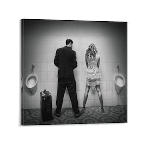 May include: Black and white art print depicting a man and a woman standing in a public restroom, facing away from the viewer. A suitcase sits on the floor. The walls are tiled, and urinals are visible.