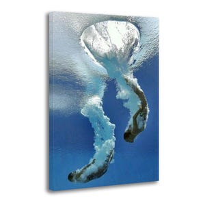 Puede incluir: Impresión en lienzo que representa a un buceador entrando en el agua. La imagen captura el momento de la entrada, con el cuerpo del buceador parcialmente sumergido y rodeado de salpicaduras de agua sobre un fondo azul.