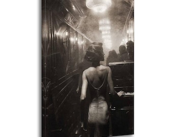 May include: Monochrome print of a woman in a dress standing near a piano in a dimly lit room. The image has a vintage aesthetic, with a chandelier and figures in the background.