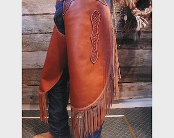 Custom Western Leather Chinks with Geometric Trim | Handmade Cowboy Riding Chaps | Rodeo Ranch Workwear | Durable Leather Chinks