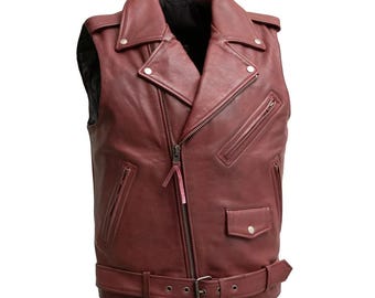 Maroon Leather Biker Vest for Men | Burgundy Asymmetrical Motorcycle Club Style Vest | Genuine Cowhide Rider Waistcoat