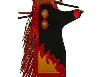 Flames Rodeo-chaps met franje | Leren westernchaps | Cowboypaardrijuitrusting | Ranch rodeo-outfit | Handgemaakte westernkleding