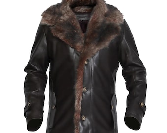 Donkerbruine leren bontjas heren | Luxe winterjas gevoerd met schapenvacht | Klassiek retro-trenchjack van echt leer