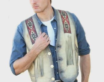 Gilet con frange in pelle western da uomo / Costume da rodeo da cowboy ispirato ai nativi americani / Capospalla da festival in stile vintage, regalo