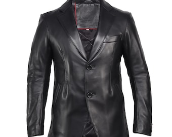 Men's Black Leather Blazer Jacket | Genuine Leather Two Button Suit Coat | Formal Business Smart Casual Event Attire