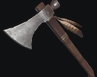 Decorated Tomahawk Axe | Hand Forged Carbon Steel Axe with Wooden Handle | Tribal Inspired Collectible for Display, Décor & Cosplay