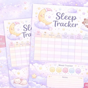 Puede incluir: Dos rastreadores de sueño imprimibles con un diseño pastel suave. Los rastreadores presentan una luna creciente, nubes, estrellas y un oso durmiente. El texto "Sleep Tracker" se muestra en la parte superior. Los rastreadores incluyen secciones para datos diarios de sueño y seguimiento del estado de ánimo.
