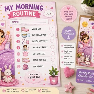 Puede incluir: Una lista de verificación imprimible de rutina matutina para niños con una niña en pijama, una cama, una lámpara y un conejo. La tabla enumera siete tareas: despertar, desayunar, cepillar dientes, lavar cara, vestir, hacer cama y estar listo.