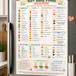 Op de afbeelding: Een koelkastmagneet met een babyvoedingsgids, met groenten, fruit, granen, eiwitten en meer. De tekst luidt "Een must-have gids" en "65+ babyvoeding". Bevat een notitieblok met de tekst "Zo gemakkelijk te volgen!"