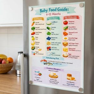 以下が含まれることがあります： 6〜12ヶ月の離乳食ガイド。6〜8ヶ月は人参、ブロッコリー、サツマイモ、8〜10ヶ月はカリフラワー、ズッキーニ、エンドウ豆、10〜12ヶ月はトマト、キュウリ、卵など、月齢別の食品をリストアップしています。