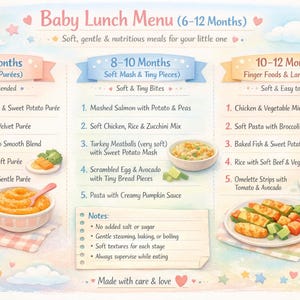 Può includere: Un menu per il pranzo per bambini in stile acquerello per bambini da 6 a 12 mesi. Il menu è diviso in tre sezioni: 6-8 mesi (puree lisce), 8-10 mesi (pezzi morbidi e piccoli) e 10-12 mesi (alimenti per le dita e pezzi più grandi).