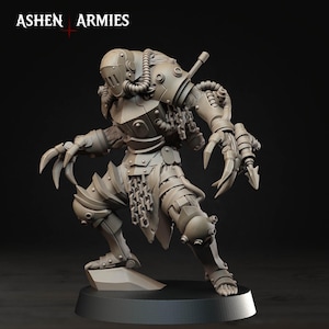May include: A detailed, gray miniature figure of a futuristic warrior with mechanical armor, claws, and a helmet. The figure is posed in a dynamic stance, with the text "ASHEN ARMIES" at the top. The figure is on a black base.