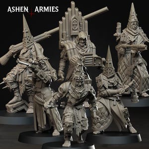 May include: A collection of detailed, gray miniature figures of armored soldiers, some with rifles and religious symbols. The figures are on black bases, with the text "ASHEN ARMIES" at the top.