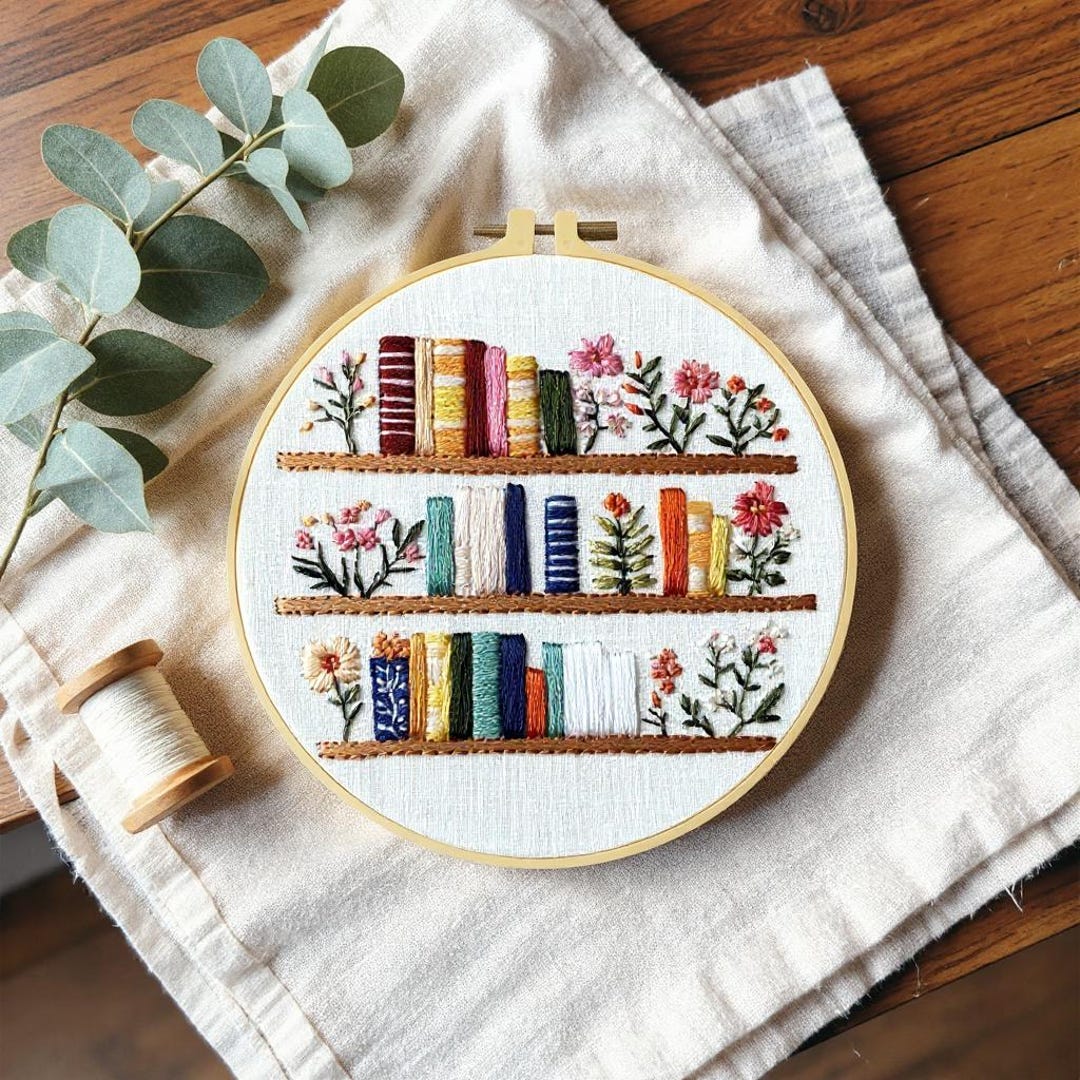 Bookshelf Embroidery Kit 7.9 Inch | DIY Beginner Friendly Needlework ...