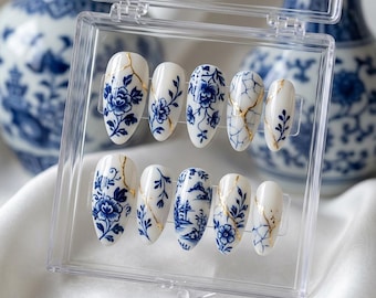 Kintsugi Blue and White Porcelain Nails | Gold Foil Almond Press Ons | Chinoiserie Floral Nail Art | Elegant Wedding Nails
