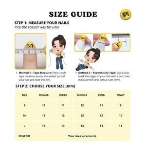 May include: A white graphic with the text "SIZE GUIDE" and instructions for measuring nails. Includes illustrations of measuring with tape and paper, and a size chart in millimeters (mm) for thumb, index, middle, ring, and pinky fingers.