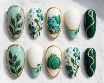 Bulbasaur Press on Nails Almond | Hand Painted Green Floral Nail Art | Forest Cottagecore Fake Nails | Luxury Gold Detail Custom Press Ons