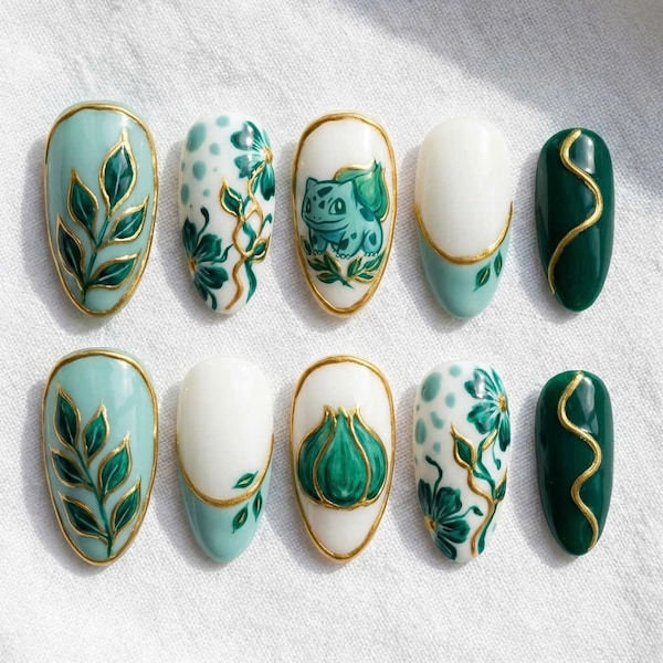Bulbasaur Press on Nails Almond | Hand Painted Green Floral Nail Art | Forest Cottagecore Fake Nails | Luxury Gold Detail Custom Press Ons