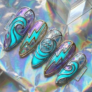 May include: A set of six long, oval-shaped artificial nails with intricate designs. Each nail features a different design, including waves, lightning bolts, and an Aquarius zodiac symbol, in shades of turquoise, purple, and gold. The nails are set against a holographic background.