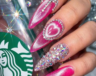 Hot Pink Cat Eye Press on Nails | Long Stiletto Shape | Full Bling Rhinestone | Crystal Heart Design | Baddie Aesthetic | Valentines
