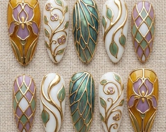 Art Nouveau Iris Press On Nails | Fairy Wing Stained Glass | Gold Floral Almond Fake Nails
