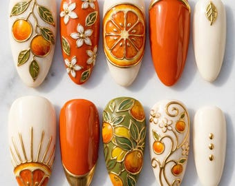 Orange Citrus Press On Nails | 3D Fruit Garden Almond Nails | Vintage Gold Summer Nail Art | Creamy Orange Blossom Fake Nails | Luxury Gift