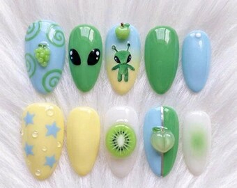Y2K Alien Press On Nails | Kawaii 3D Fruit Charms Short Almond Nails Funky Pastel Green Blue Spring
