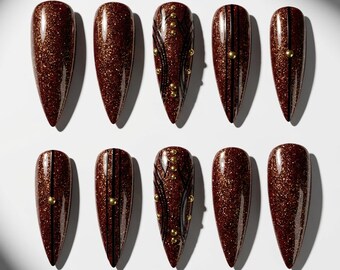 Handpainted Brown Copper Glitter Black Geometric Gold Stud Press On Nails Halloween Nails
